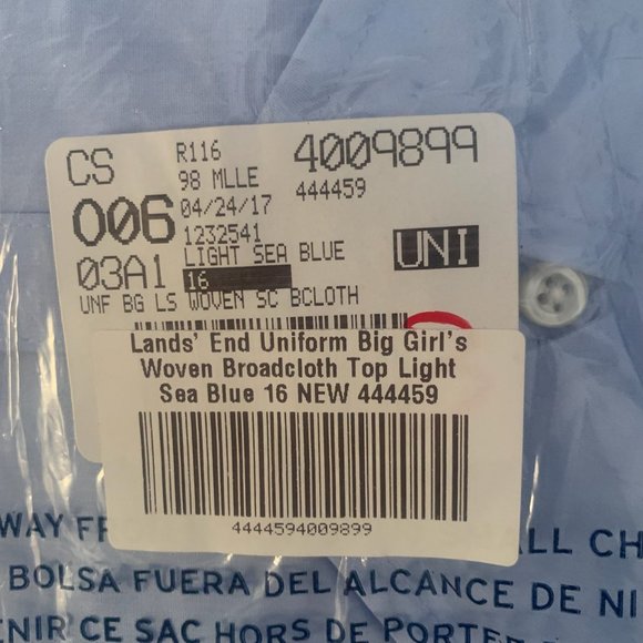 NWT LANDS' END UNIFORM BIG GIRL'S WOVEN BROADCLOTH TOP LIGHT SEA‎ BLUE 16 - Picture 6 of 10